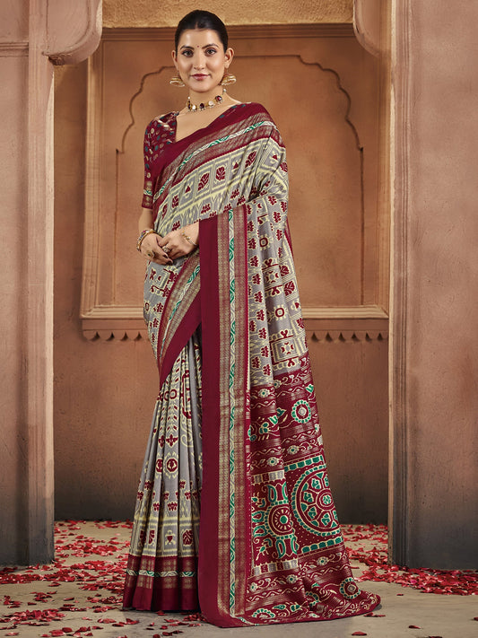 Grey & Maroon Patola Silk Saree with Ikat Weave - Ressa