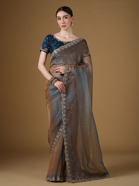 Grey Organza Saree with Teal Embroidered Blouse | GOPI6201 - Ressa
