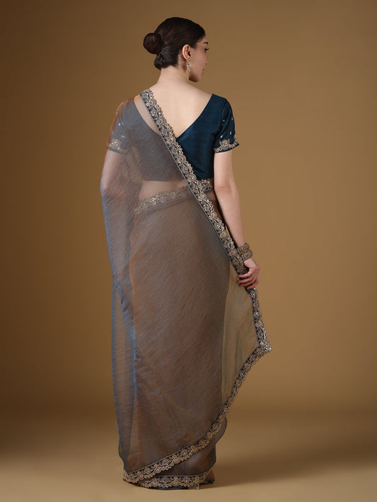 Grey Organza Saree with Teal Embroidered Blouse | GOPI6201 - Ressa