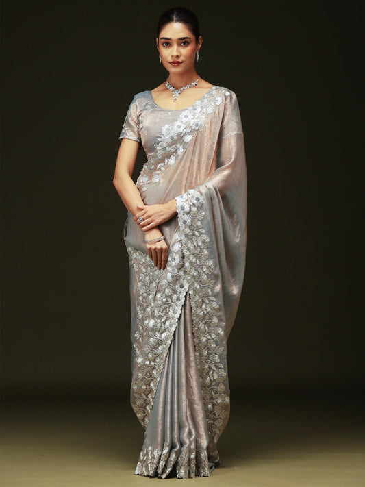 Grey Satin Beads and Stones Border Saree - Ressa