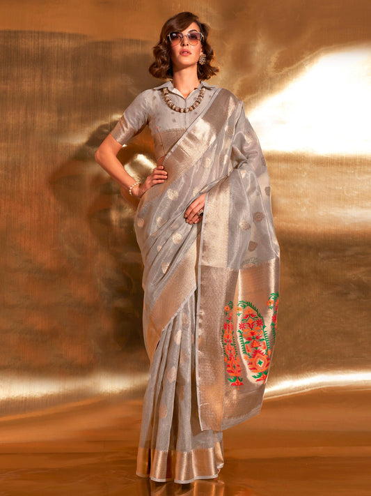 Grey Silk Blend Zari Weaving Saree - Ressa