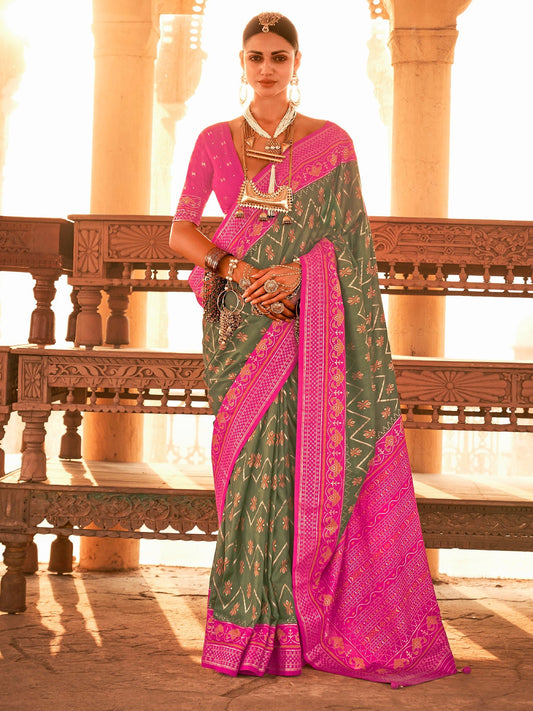Heritage Sage Green and Pink Patola Silk Blend Saree - Ressa