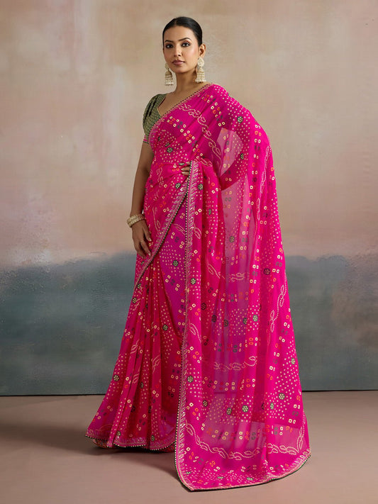Hot Pink Bandhani Georgette Saree - Ressa