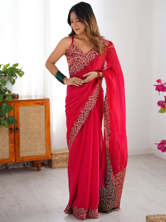 Hot Pink Georgette Embroidered Border Saree - Ressa