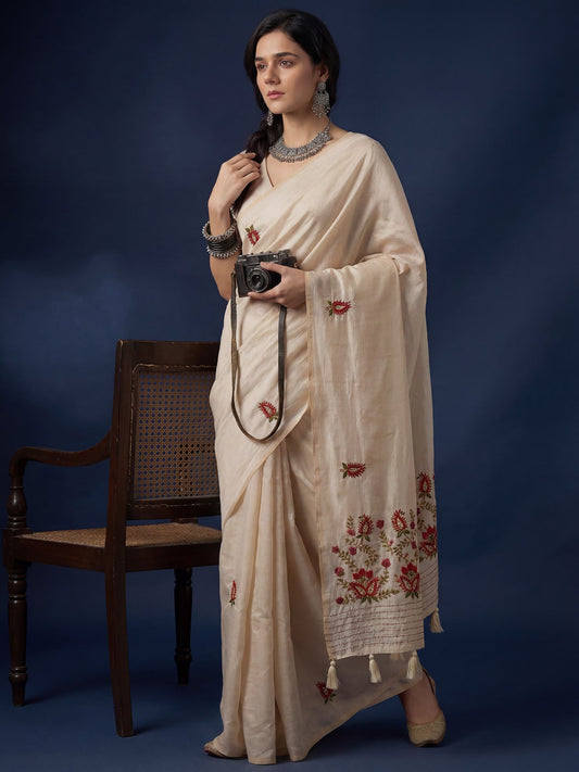Ivory Embroidered Tussar Silk Saree - Ressa