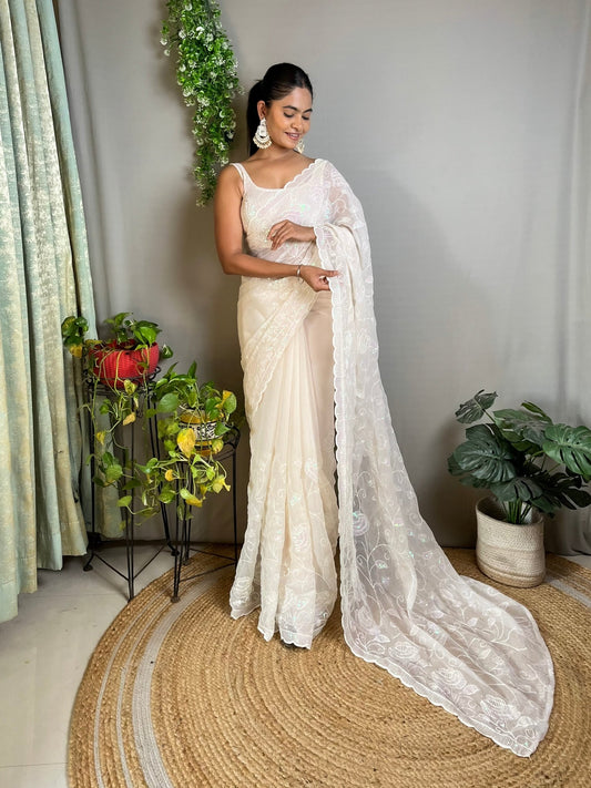 Ivory Georgette Embroidered Saree - Ressa