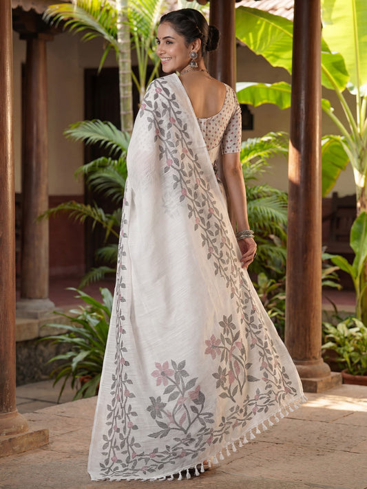 Ivory Jamdani Linen Cotton Saree with Woven Olive & Pink Botanical Vine, Large Vine Pallu, Tassel Fringe & Buti Blouse - Ressa