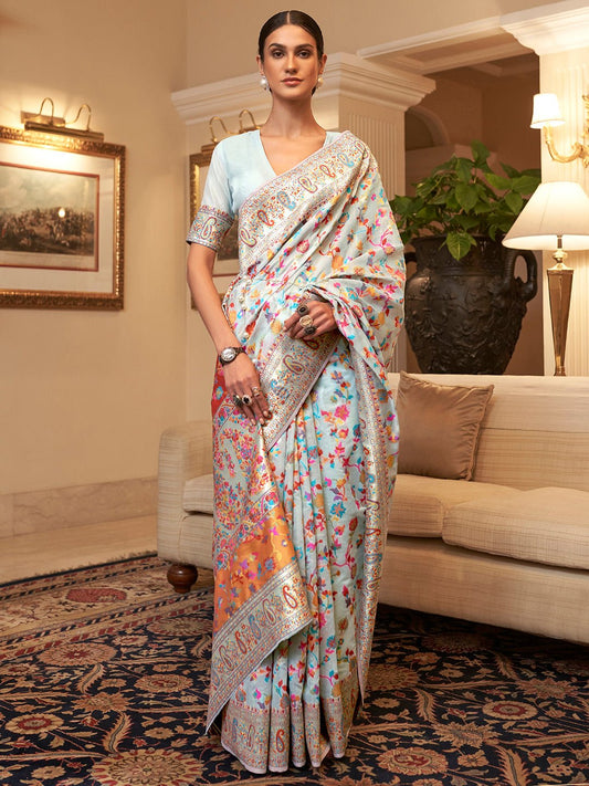 Ivory Silk Floral Woven Saree - Ressa
