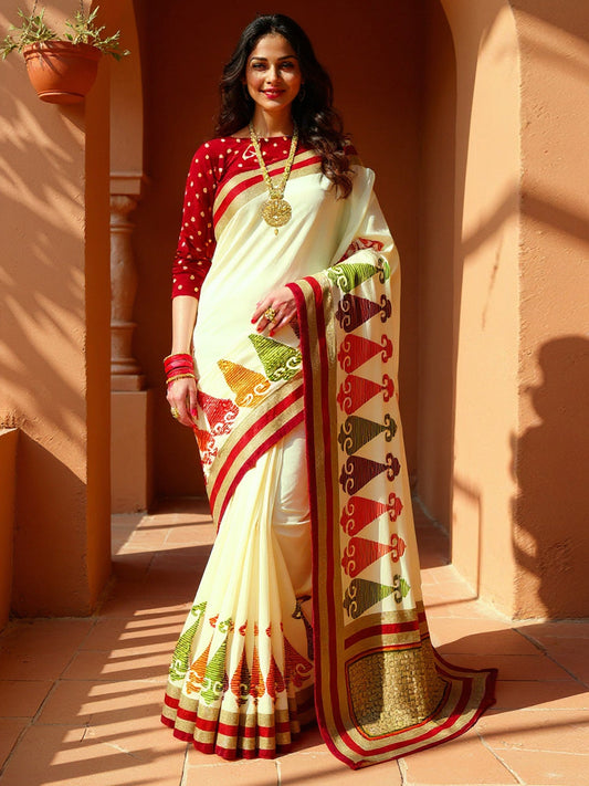 Ivory Silk Saree with Tribal Applique - Ressa