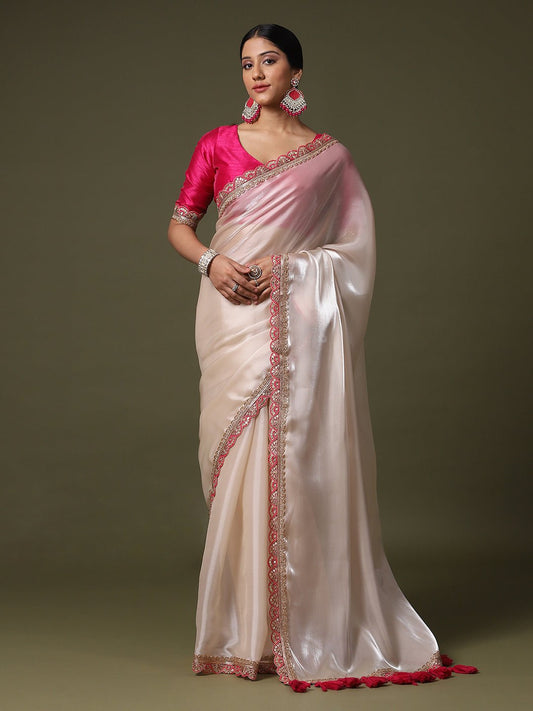 Ivory Supernet Silk Saree with Embroidered Border - Ressa