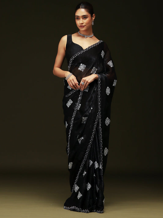 Jet Black Chiffon Embroidery Saree - Ressa