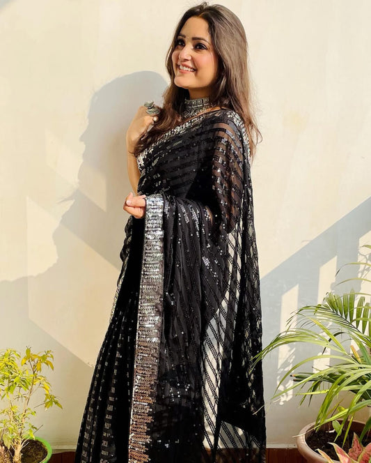 Jet Black Georgette Sequin Saree - Ressa