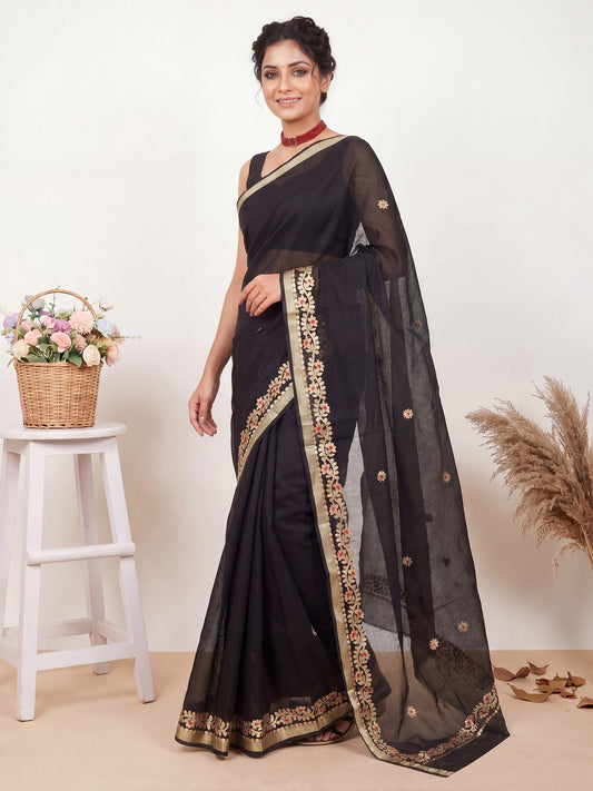 Jet Black Kota Doria Cotton Saree with Gota Patti Border - Ressa
