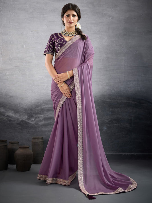 Lavender Chiffon Silk Blend Saree - Ressa
