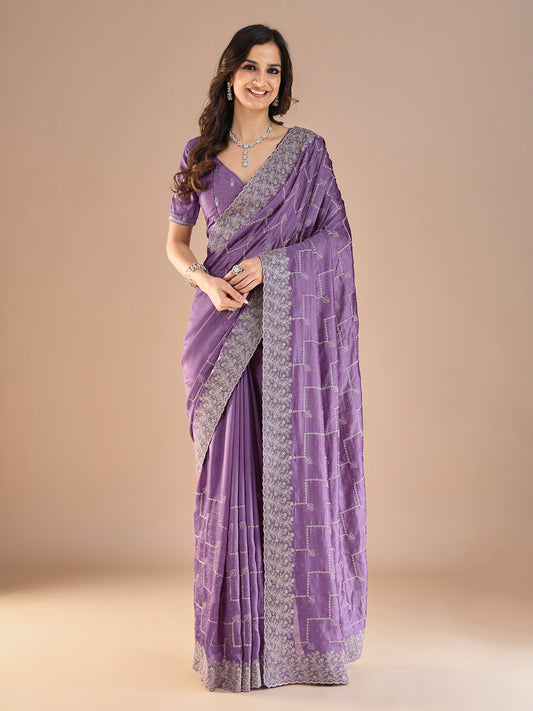 Lavender Embroidered Silk Saree - Ressa