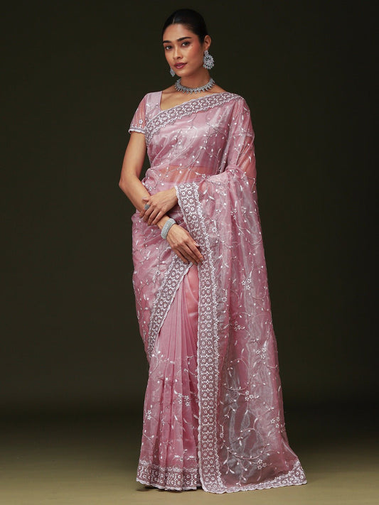 Lavender Pink Organza Sequin & Cut-dana Work Scalloped Border Blouse Saree - Ressa