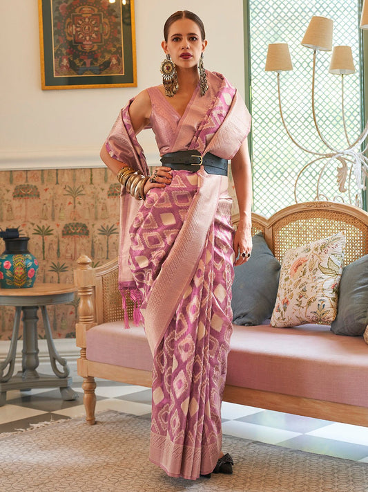 Lavender Purple Patola Silk Pink Undertones Zari Weaving Blouse Saree - Ressa