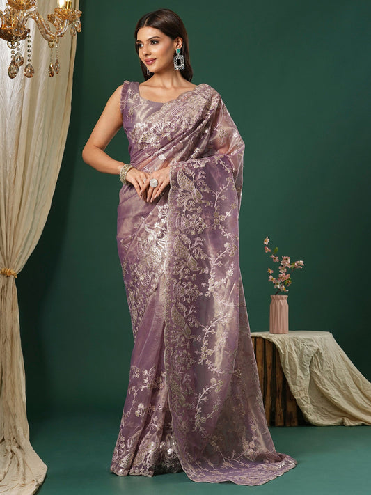 Lavender Supernet Embroidered Saree - Ressa