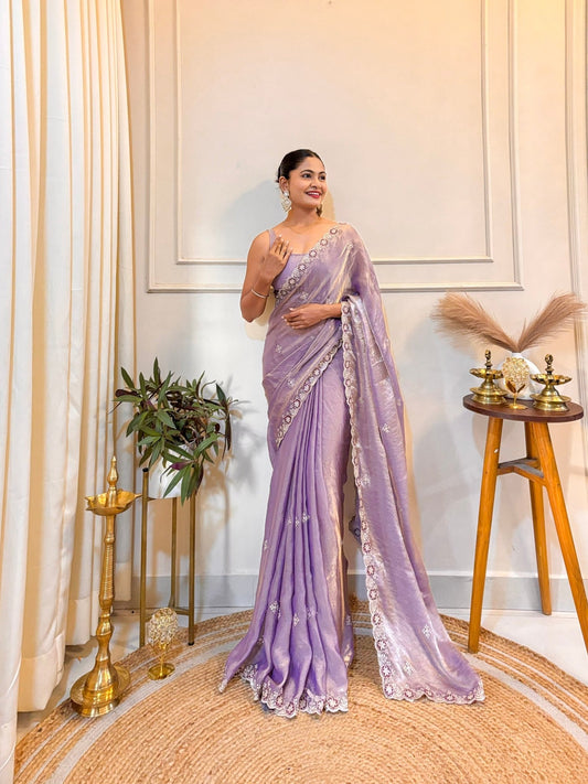 Lavender Tissue Silk Embroidered Saree - Ressa