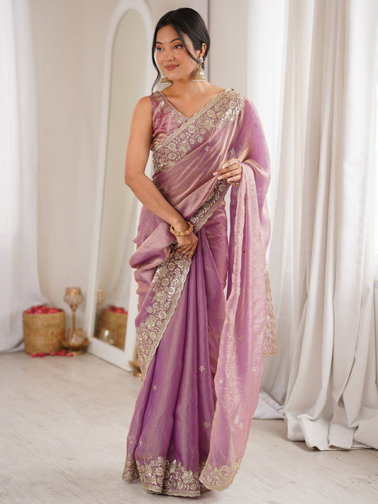 Lavender Tissue Silk Saree with Embroidered Border - Ressa