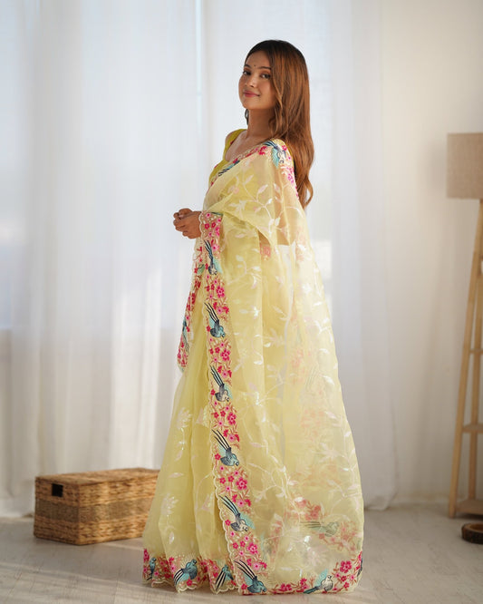 Lemon Yellow Bird & Floral Embroidered Organza Saree - Ressa