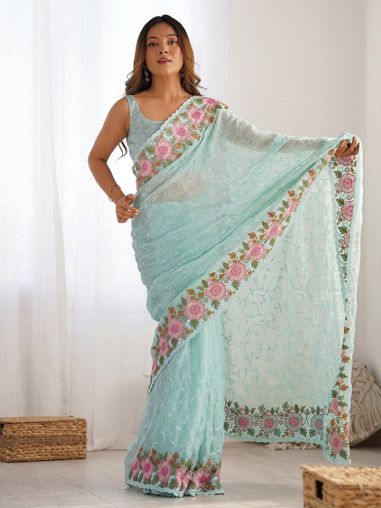 Light Blue Georgette Party Wear Saree - Ressa