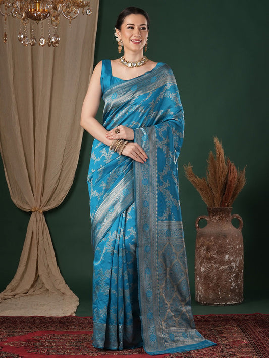 Light Blue Lichi Silk Banarasi Patten Saree - Ressa