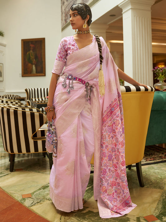 Light Pink Banarasi Silk Blend Saree - Ressa