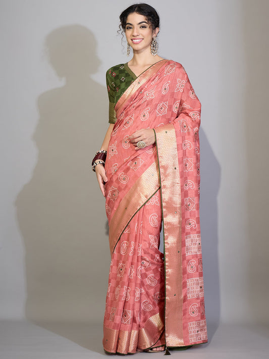 Light Pink Cotton Blend Saree with Zari Stripes - Ressa