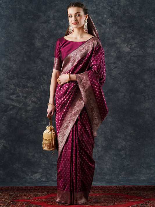 Magenta Banarasi Silk Saree with Gold Zari Bootis - Ressa