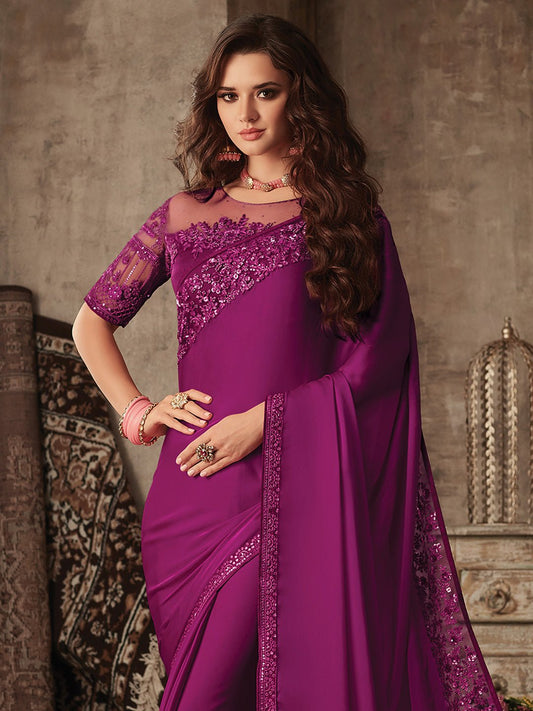 Magenta crape Designer Border saree - Ressa
