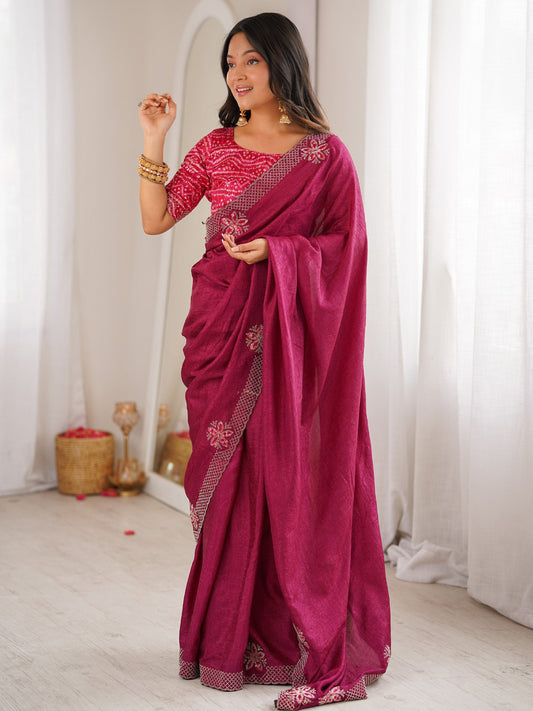 Magenta Dola Silk Saree with Embroidered Floral Border - Ressa