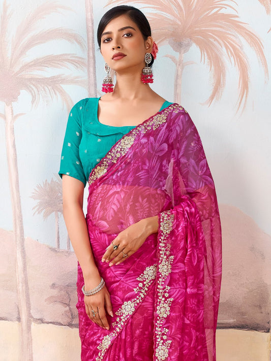 Magenta Polyester Floral Print Embroidered Border saree - Ressa