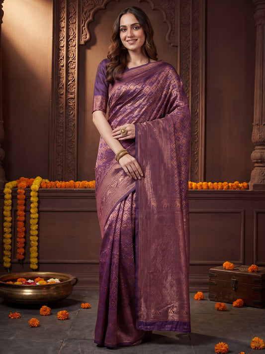 Magenta Purple Banarasi Silk Copper Zari Weaving Saree - Ressa