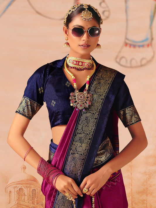 Magenta Tussar Silk Saree with Navy Zari Border - Ressa