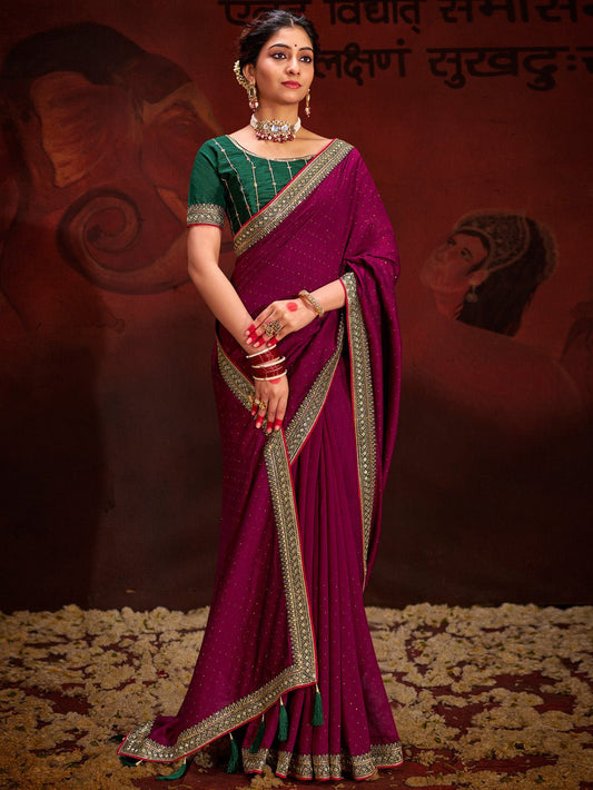 Magenta Vichitra Silk Mirror Work Embroidered Border Green Blouse Saree - Ressa
