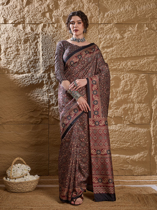 Maroon Ajrakh Print Silk Saree - Ressa