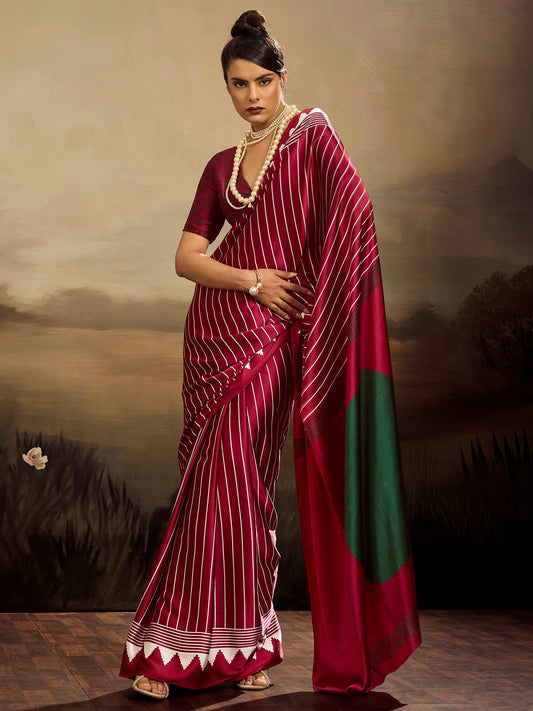 Maroon and White Striped Ikat Silk Saree - Ressa
