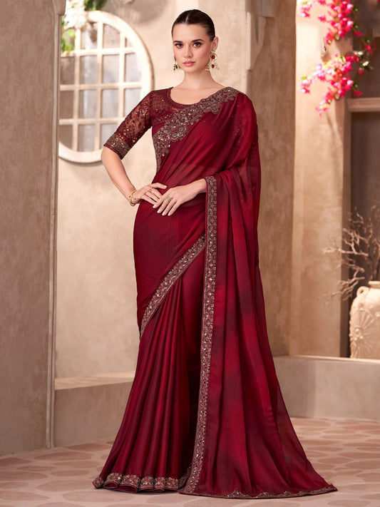 Maroon Chiffon Embellished Party wear Saree - Ressa