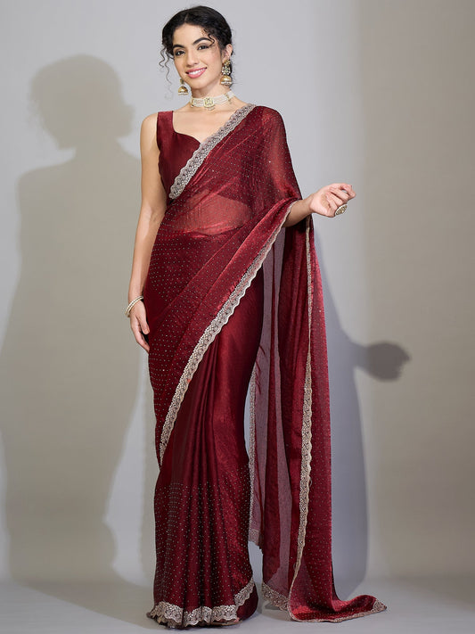 Maroon Chiffon Saree with Zari Stripes - Ressa