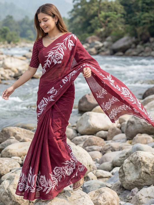 Maroon Cotton Blend Saree - Ressa