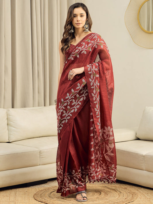 Maroon Cotton Slub Floral Printed Saree - Ressa