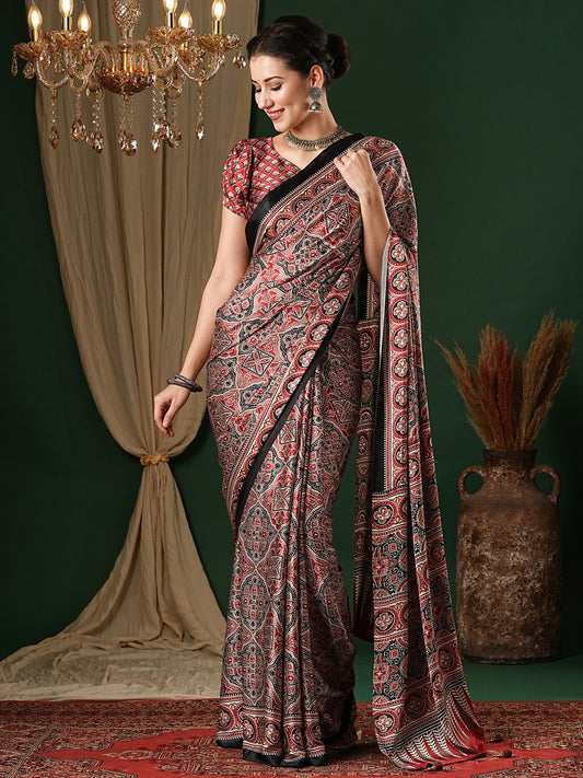 Maroon Crepe Ajrakh Block Printed Saree - Ressa