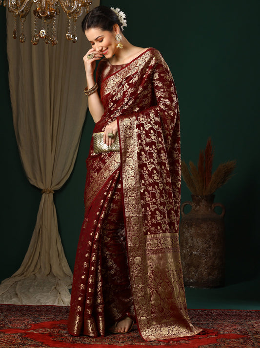 Maroon Floral Georgette Saree with Jari Border - Ressa