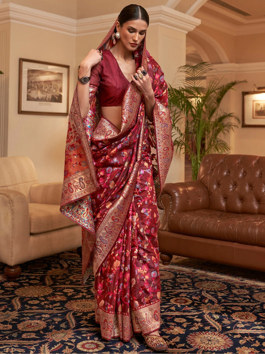 Maroon Kashmiri Silk Saree with Flower Motif - Ressa
