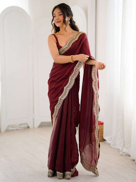 Maroon Organza Silk Scalloped Zari Border Embroidered Blouse Saree - Ressa