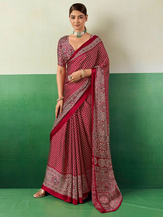 Maroon Satin Ajrakh Print Saree - Ressa