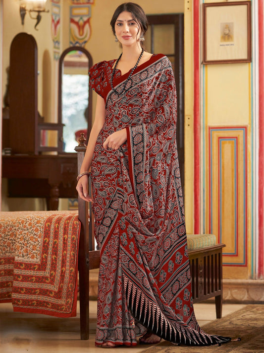 Maroon Traditional Block Printed Saree - Ressa