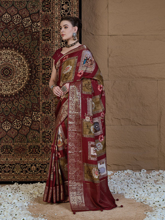 Maroon Viscose Silk Kalamkari Style Patch Prints Saree - Ressa