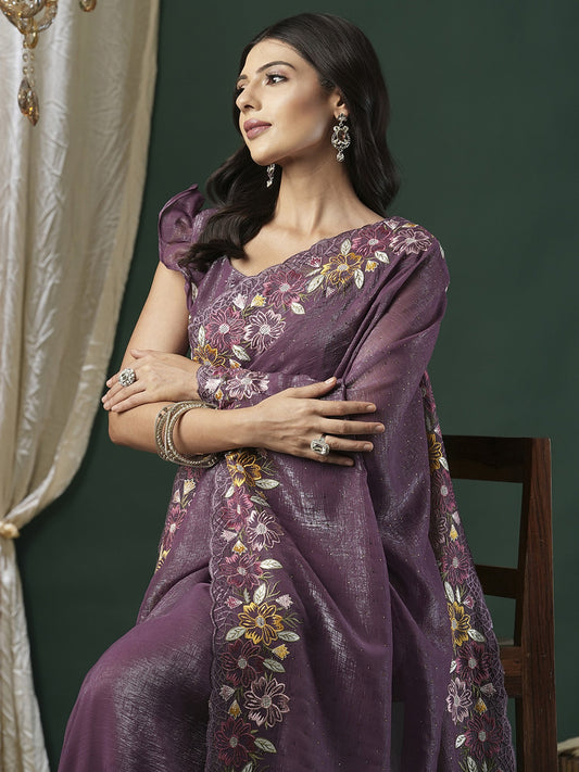 Mauve Georgette Multi-Color Embroidery Saree - Ressa